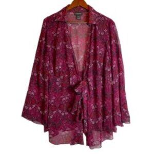 LANE BRYANT SHEER FLORAL FRONT TIE BLOUSE MAGENTA BLACK PINK 14/16